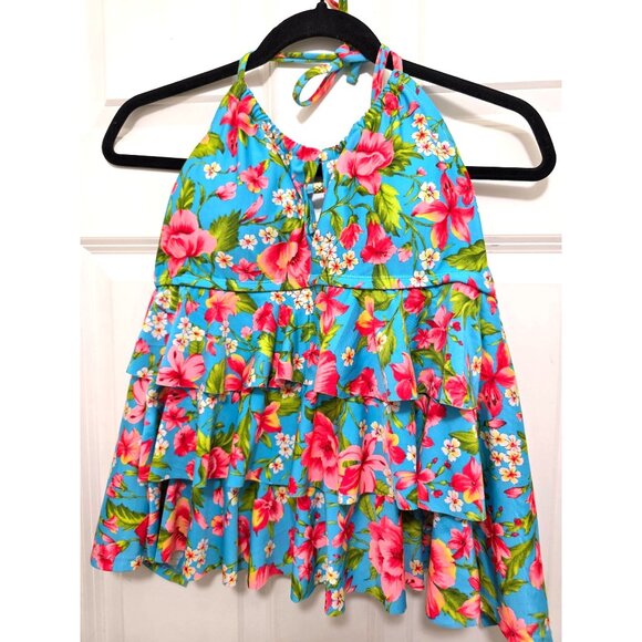 Catalina Halter Neck Floral Ruffle Bikini Top Size M 8-10 Blue/Multicolor Polyes - Picture 2 of 6